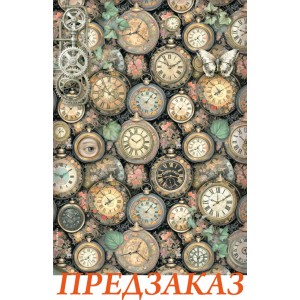 Бумага рисовая для декупажа Stamperia DFSA41116 "Фон из часов и роз", А4 Бумага рисовая для декупажа Stamperia DFSA41116 "Фон из часов и роз", А4